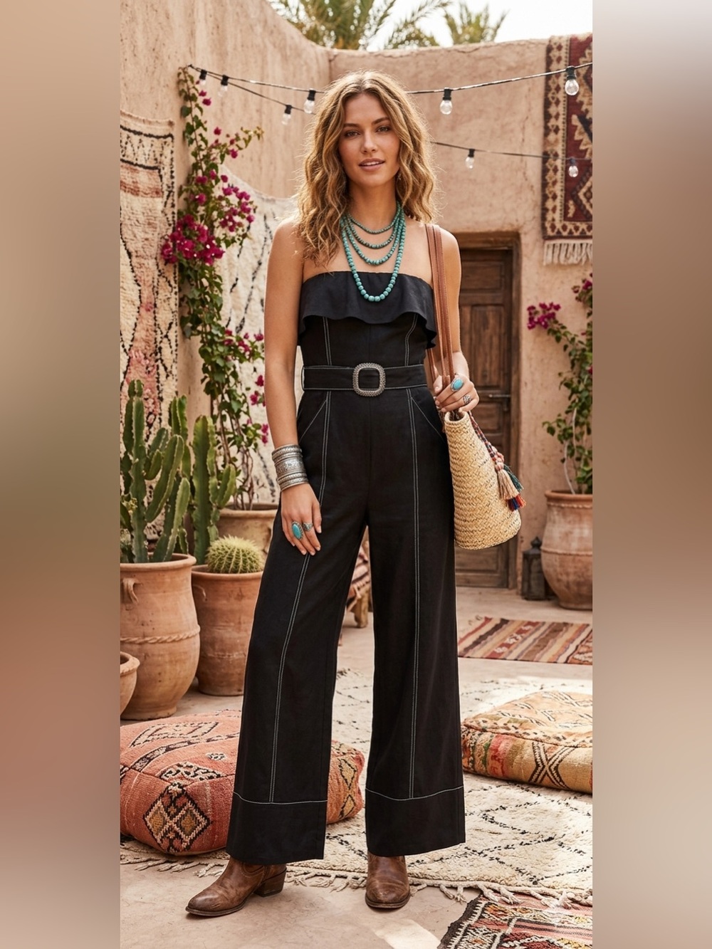 ZARA Black Strapless Linen Blend Belted Jumpsuit size medium - Picture 6 of 16